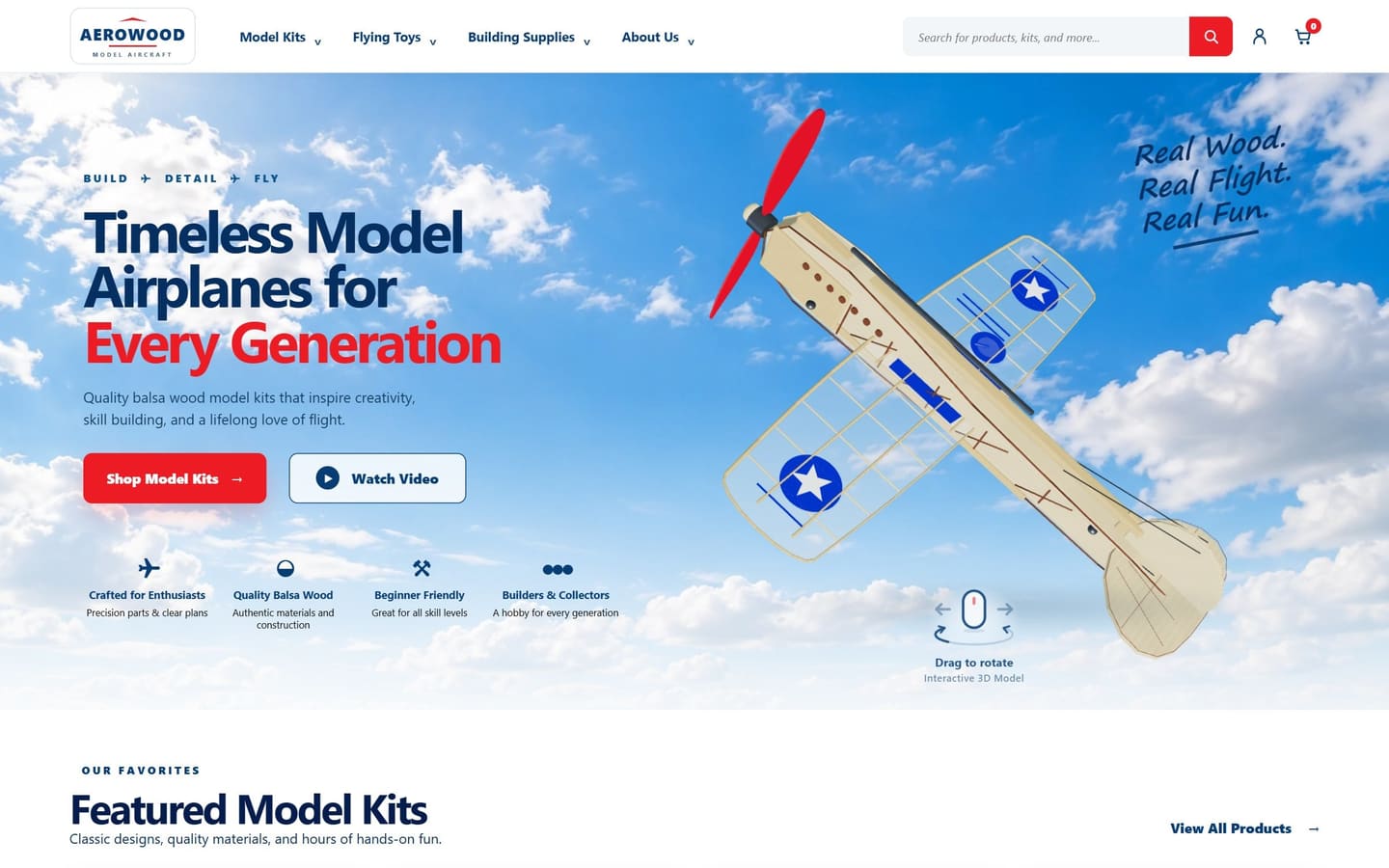 Landing page с 3D-моделью самолёта, которую можно вращать