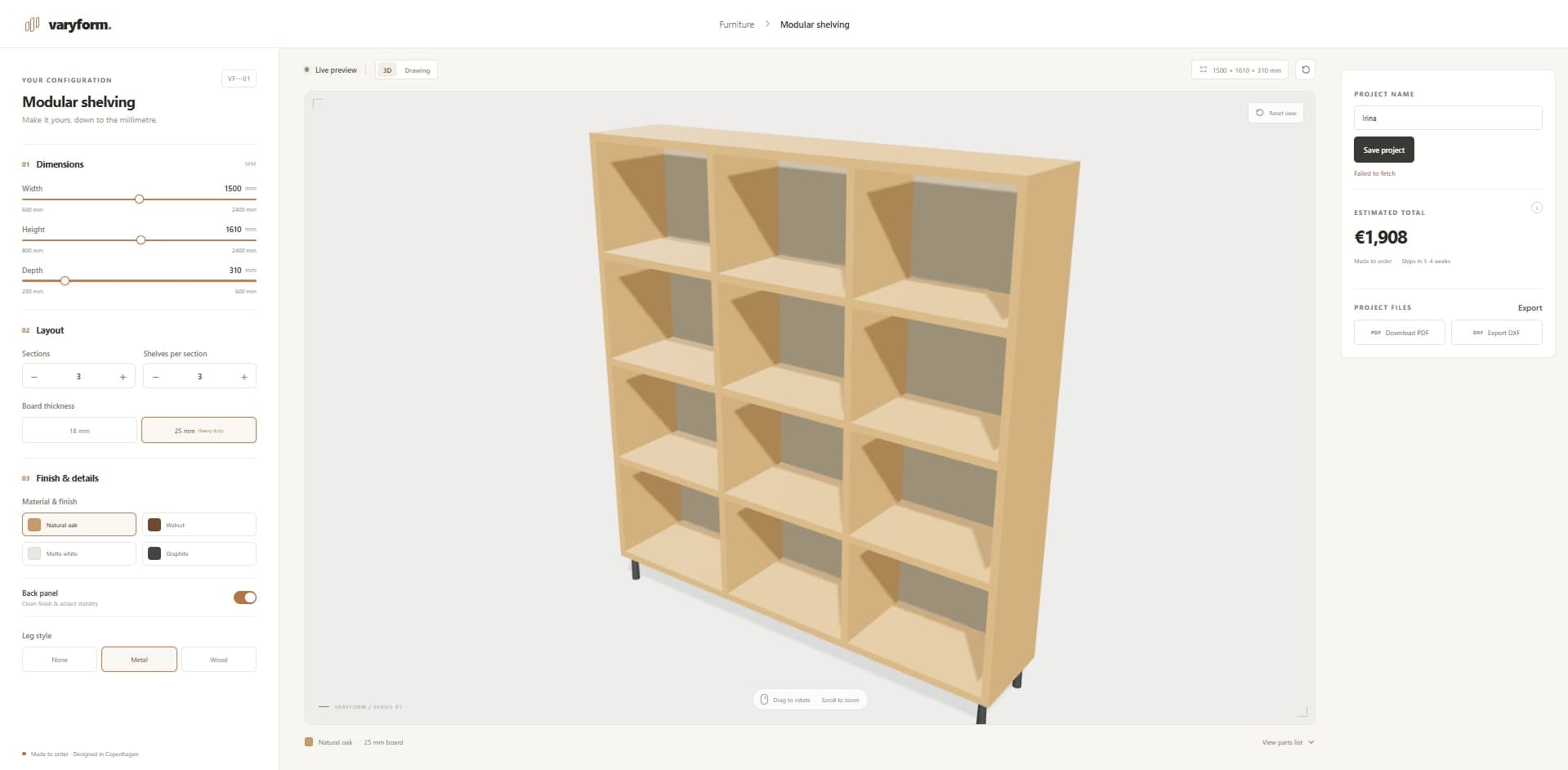 Конфигуратор VaryForm: размеры, секции и материал слева, 3D-модель стеллажа и цена